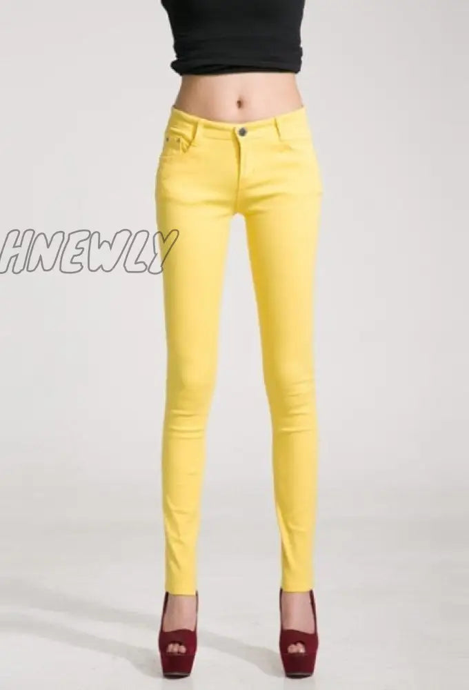 Hnewly Pants Women Elastic Pencil Jeans Candy Colored Mid Waist Zipper Slim Fit Skinny Full Length