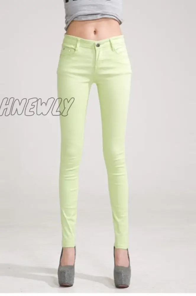 Hnewly Pants Women Elastic Pencil Jeans Candy Colored Mid Waist Zipper Slim Fit Skinny Full Length