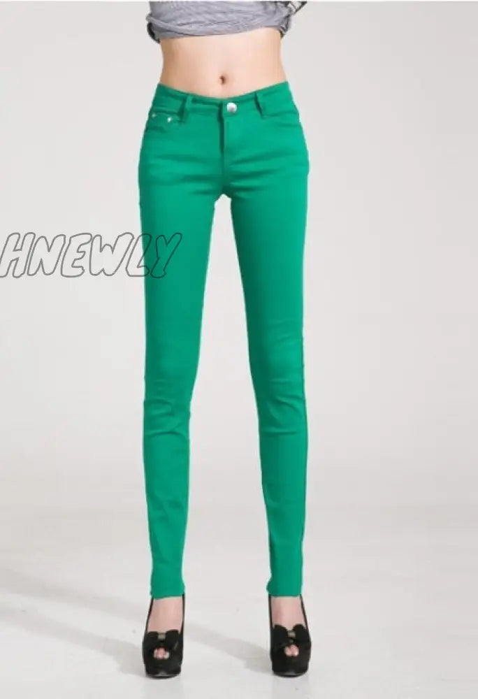 Hnewly Pants Women Elastic Pencil Jeans Candy Colored Mid Waist Zipper Slim Fit Skinny Full Length
