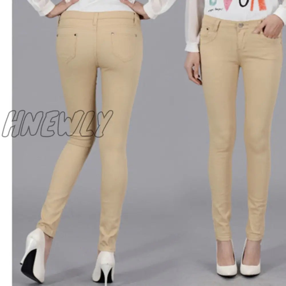 Hnewly Pants Women Elastic Pencil Jeans Candy Colored Mid Waist Zipper Slim Fit Skinny Full Length
