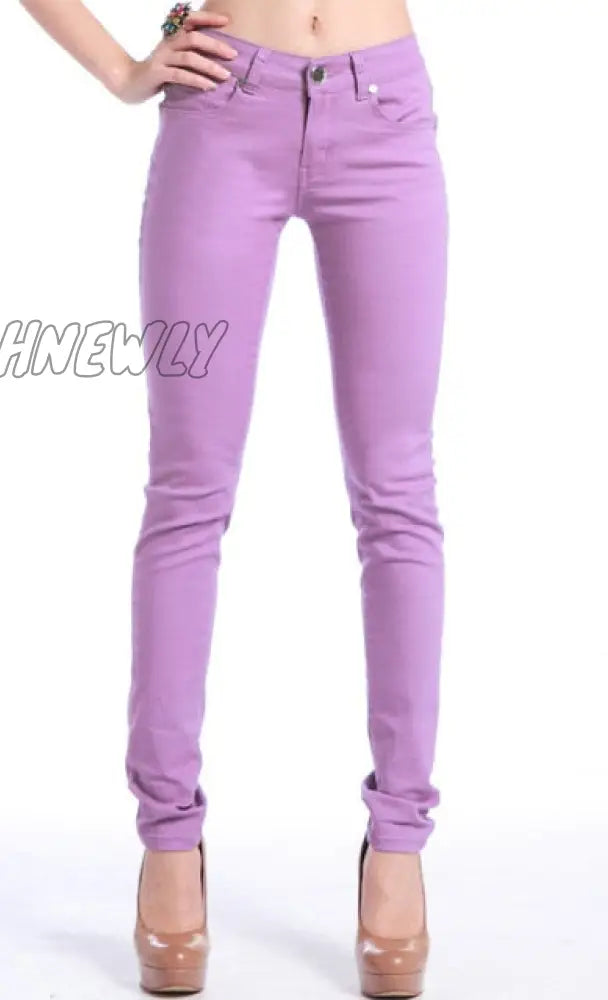 Hnewly Pants Women Elastic Pencil Jeans Candy Colored Mid Waist Zipper Slim Fit Skinny Full Length