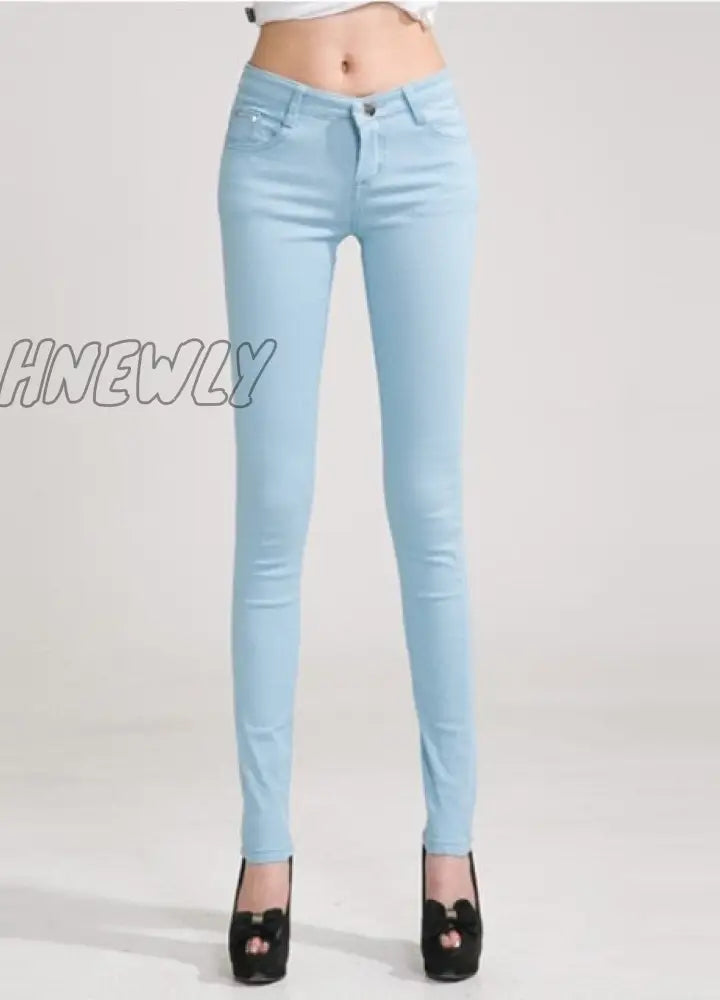 Hnewly Pants Women Elastic Pencil Jeans Candy Colored Mid Waist Zipper Slim Fit Skinny Full Length