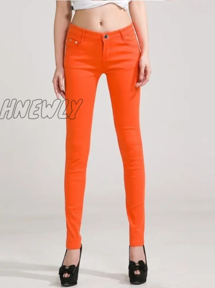 Hnewly Pants Women Elastic Pencil Jeans Candy Colored Mid Waist Zipper Slim Fit Skinny Full Length