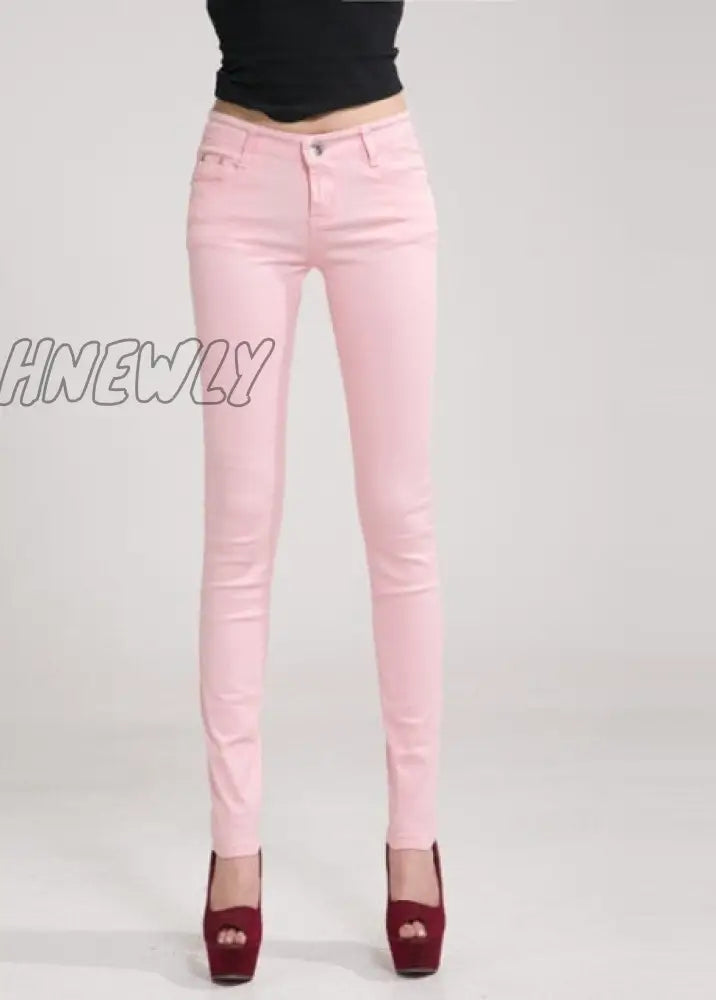 Hnewly Pants Women Elastic Pencil Jeans Candy Colored Mid Waist Zipper Slim Fit Skinny Full Length