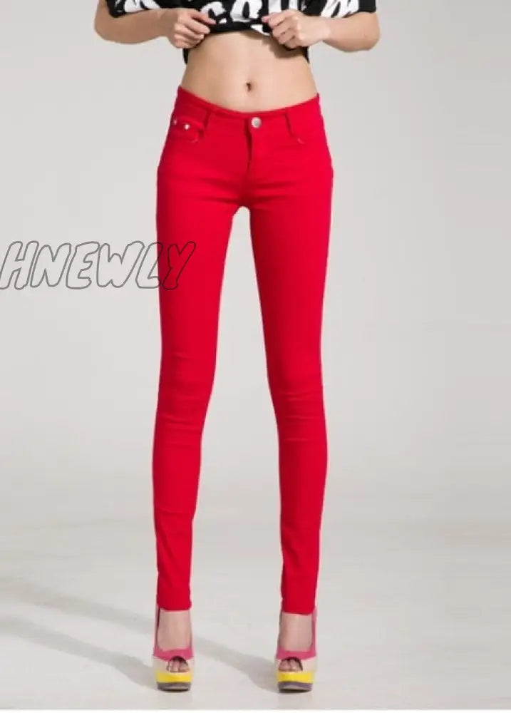 Hnewly Pants Women Elastic Pencil Jeans Candy Colored Mid Waist Zipper Slim Fit Skinny Full Length
