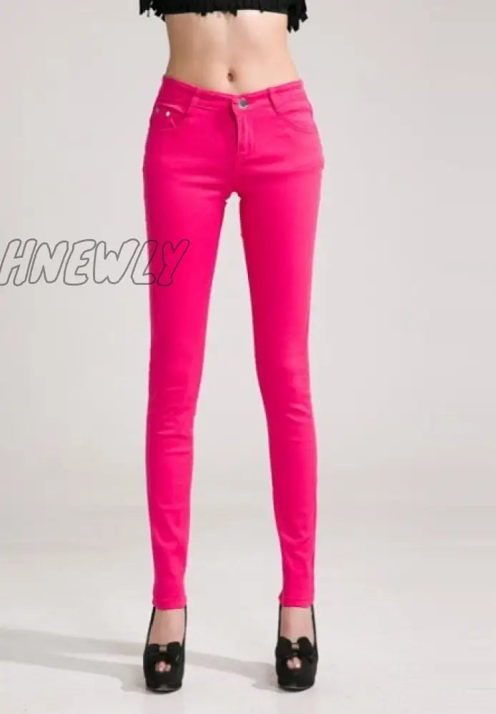 Hnewly Pants Women Elastic Pencil Jeans Candy Colored Mid Waist Zipper Slim Fit Skinny Full Length