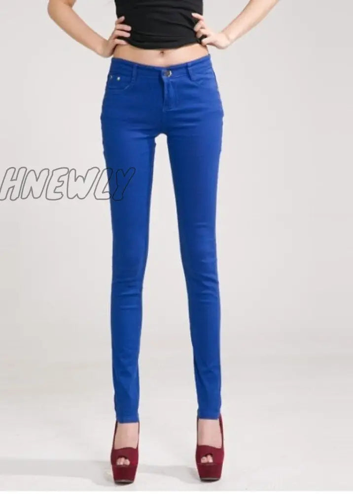 Hnewly Pants Women Elastic Pencil Jeans Candy Colored Mid Waist Zipper Slim Fit Skinny Full Length