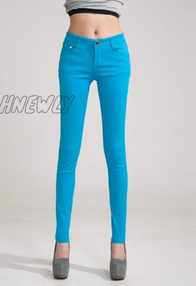 Hnewly Pants Women Elastic Pencil Jeans Candy Colored Mid Waist Zipper Slim Fit Skinny Full Length