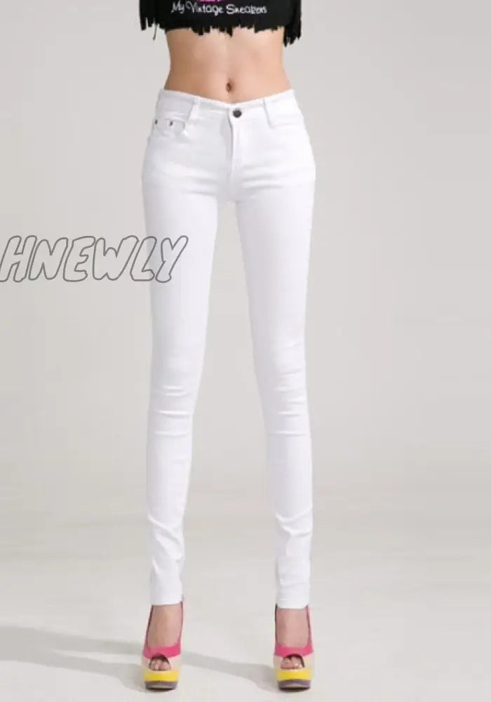 Hnewly Pants Women Elastic Pencil Jeans Candy Colored Mid Waist Zipper Slim Fit Skinny Full Length