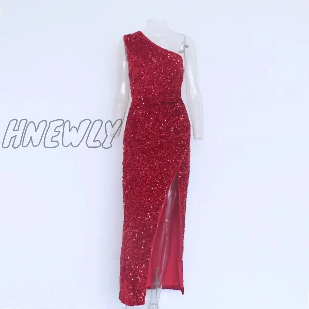 Hnewly Party Dresses For Women Sexy Sequin Night Robe One Shoulder Sleeveless Bodycon Evening Maxi