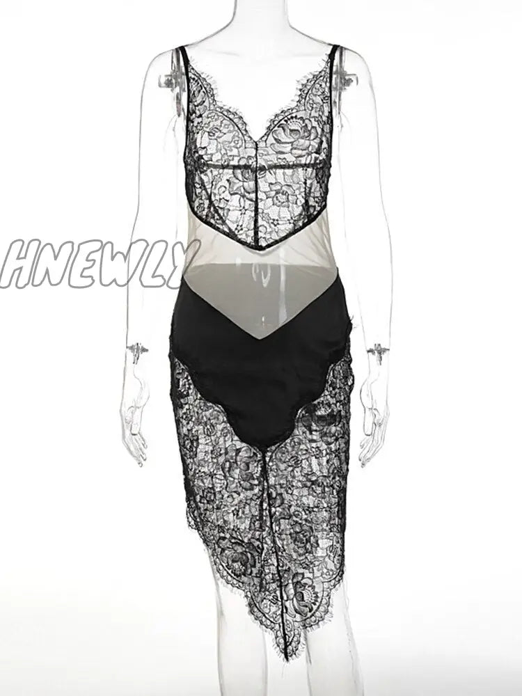 Hnewly Patchwork Mesh Lace Sexy Club Party Midi Dress Women Outfits Sleeveless Black Bodycon