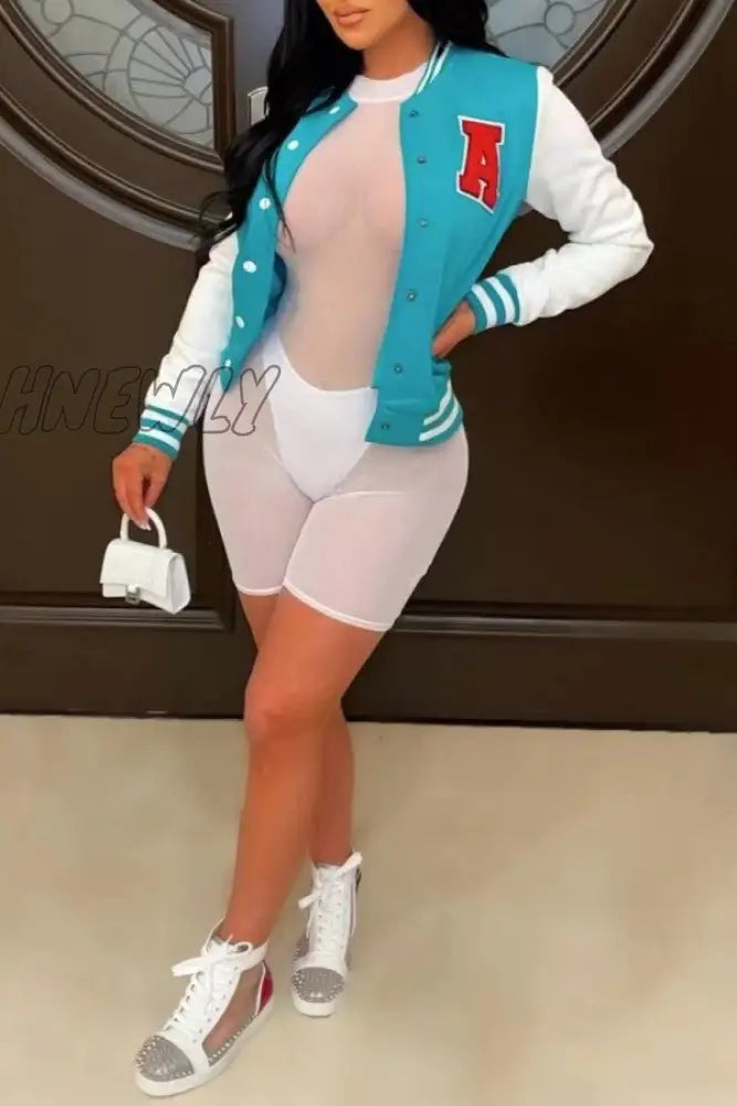 Hnewly - Peacock Blue Casual Letter Patchwork Contrast Outerwear Coats
