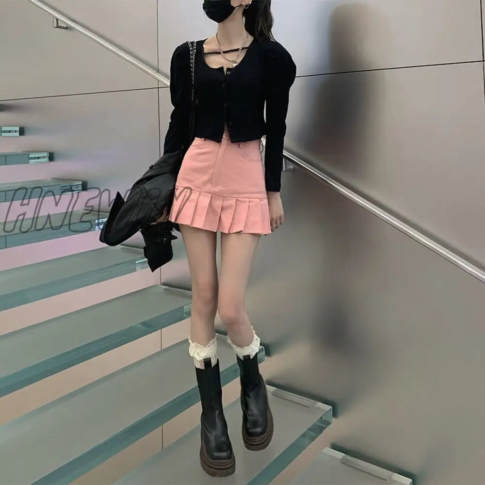 Hnewly Pink Denim Skirt Women Korean Fashion Streetwear Sexy Cute High Waist Slim Patchwork Pleated
