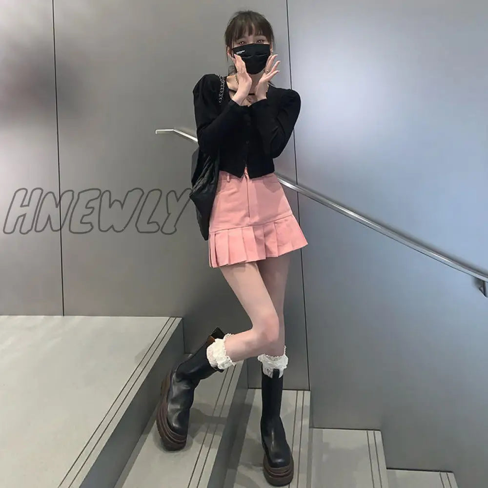Hnewly Pink Denim Skirt Women Korean Fashion Streetwear Sexy Cute High Waist Slim Patchwork Pleated