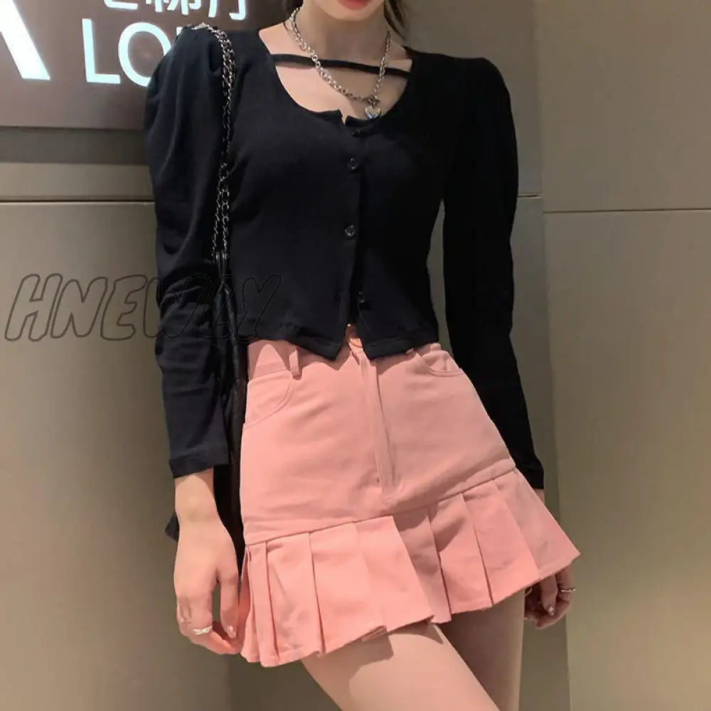 Hnewly Pink Denim Skirt Women Korean Fashion Streetwear Sexy Cute High Waist Slim Patchwork Pleated