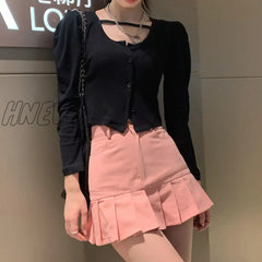 Hnewly Pink Denim Skirt Women Korean Fashion Streetwear Sexy Cute High Waist Slim Patchwork Pleated