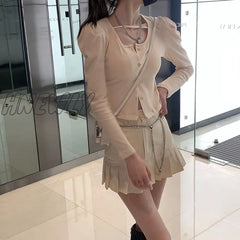 Hnewly Pink Denim Skirt Women Korean Fashion Streetwear Sexy Cute High Waist Slim Patchwork Pleated