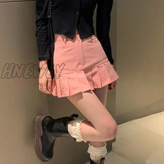 Hnewly Pink Denim Skirt Women Korean Fashion Streetwear Sexy Cute High Waist Slim Patchwork Pleated
