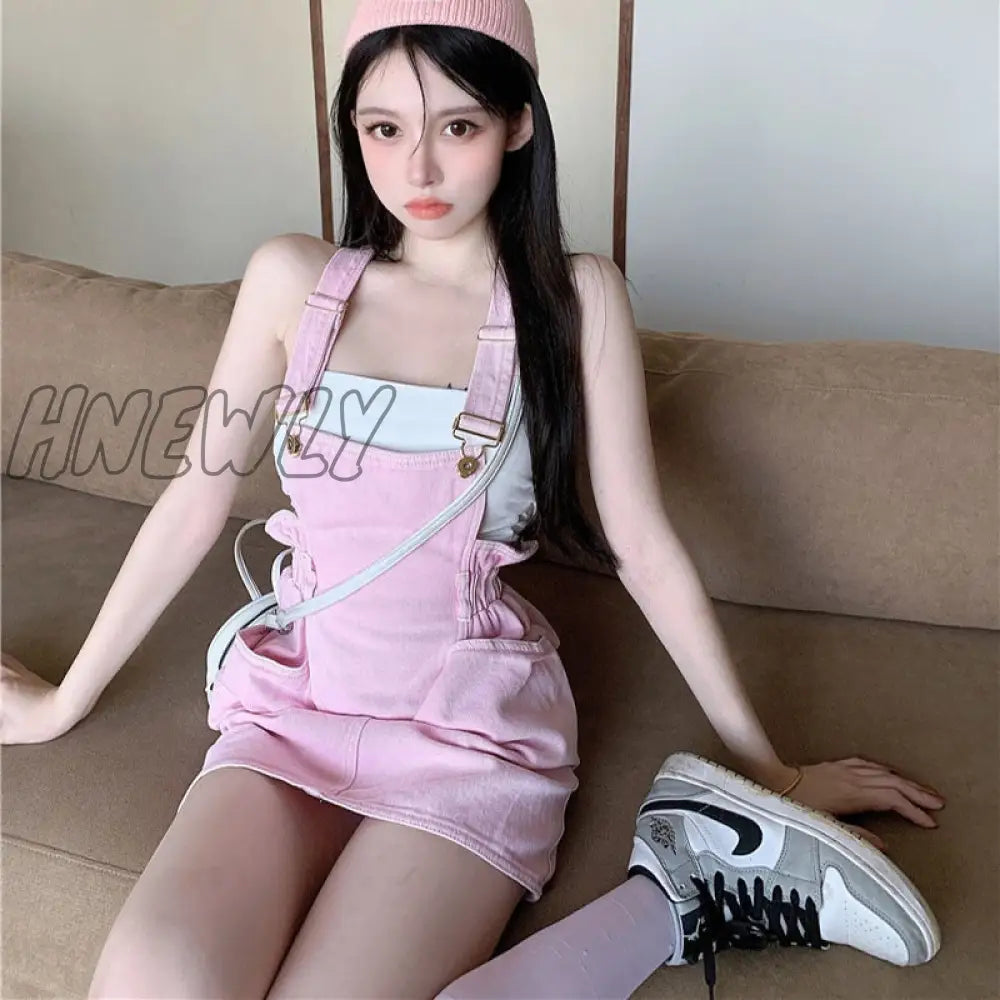 Hnewly Pink Dresses For Women Summer Sleeveless Backless Denim Strap Mini Dress Sweet Girl Y2K