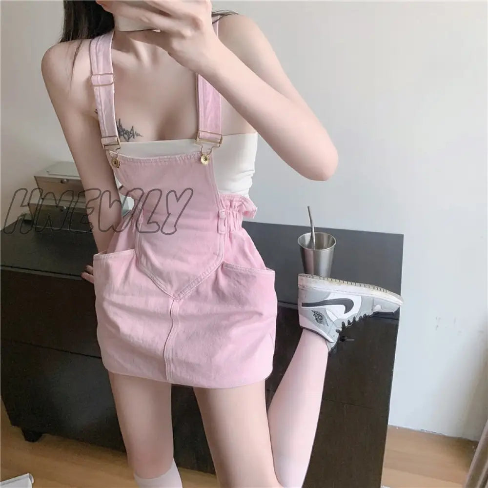 Hnewly Pink Dresses For Women Summer Sleeveless Backless Denim Strap Mini Dress Sweet Girl Y2K