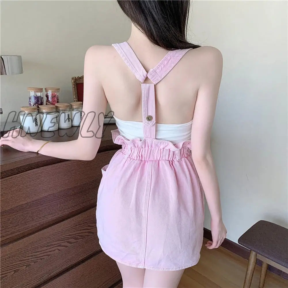 Hnewly Pink Dresses For Women Summer Sleeveless Backless Denim Strap Mini Dress Sweet Girl Y2K