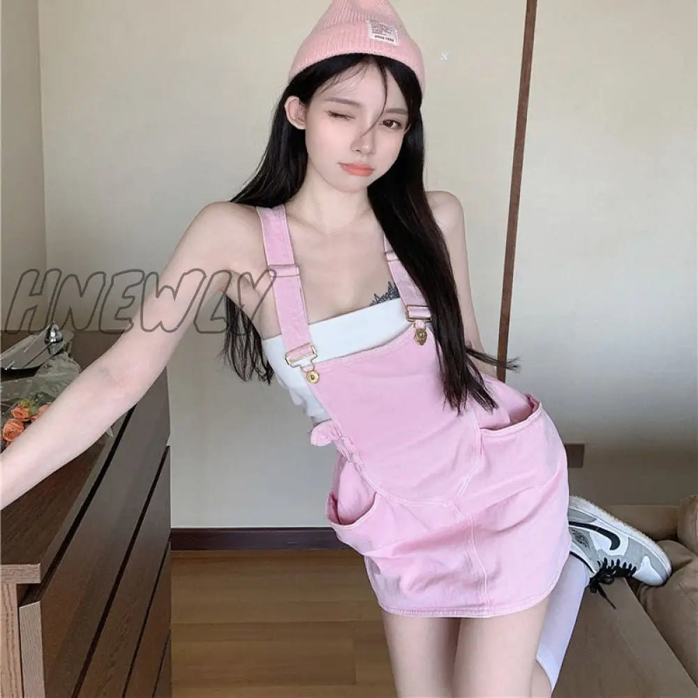 Hnewly Pink Dresses For Women Summer Sleeveless Backless Denim Strap Mini Dress Sweet Girl Y2K