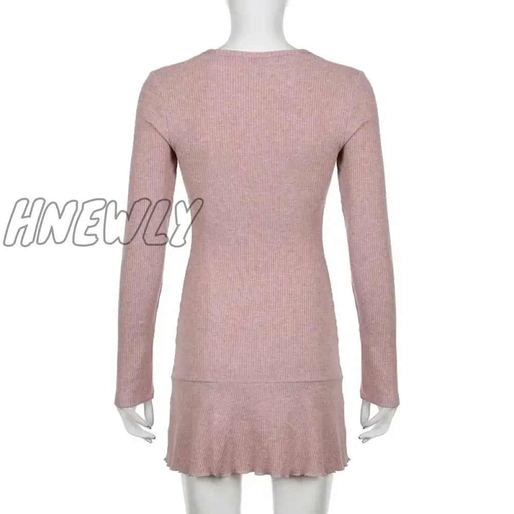 Hnewly Pink Knitted Sweet Girl Short Dresses For Women Shirring Square Collar Elegant Fashion Long