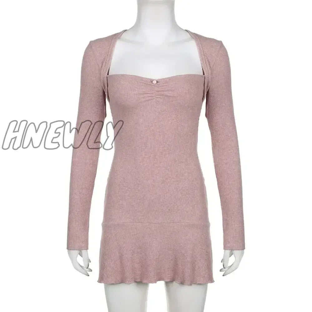 Hnewly Pink Knitted Sweet Girl Short Dresses For Women Shirring Square Collar Elegant Fashion Long