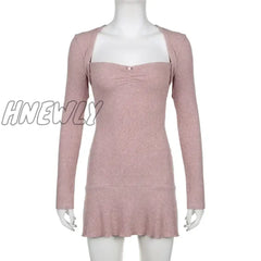 Hnewly Pink Knitted Sweet Girl Short Dresses For Women Shirring Square Collar Elegant Fashion Long
