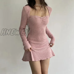 Hnewly Pink Knitted Sweet Girl Short Dresses For Women Shirring Square Collar Elegant Fashion Long