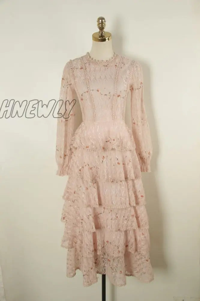 Hnewly Pink Lace Embroidery Maxi Dress Female Spring Winter Full Sleeve High Waist Ruffle Elegant