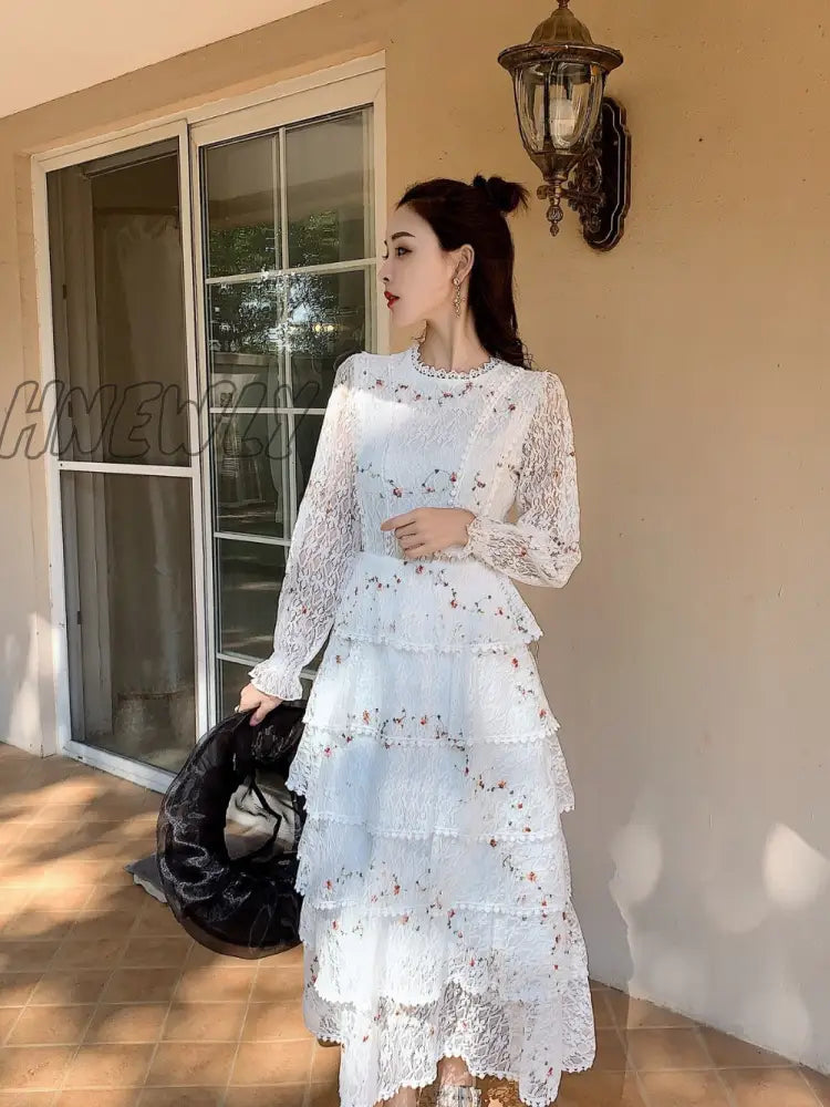 Hnewly Pink Lace Embroidery Maxi Dress Female Spring Winter Full Sleeve High Waist Ruffle Elegant