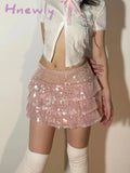 Hnewly Pink Sequin Mini Skirt Women Coquette Low Waist Ruffle Patchwork Cute Sexy Micro Y2K Summer