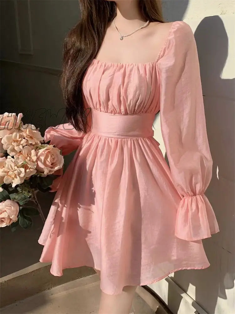 Hnewly Pink Sweet Elegant Princess Dress Women Casual Korean Slim Long – hnewly Hnewly Pink Sweet Elegant Princess Dress Women Casual Korean Slim Long – hnewly