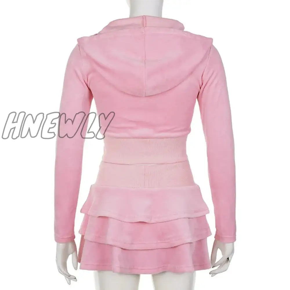 Hnewly Pink Velvet Two Piece Set For Women Y2K Zip Up Long Sleeve Cropped Hoodie Kawaii Lace-Up