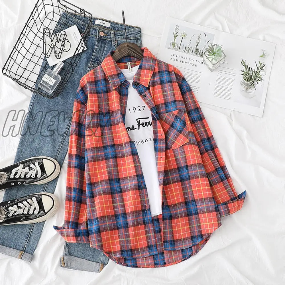 Hnewly Plaid Shirts Womens Blouses And Tops Long Sleeve Female Casual Print Loose Checked Lady