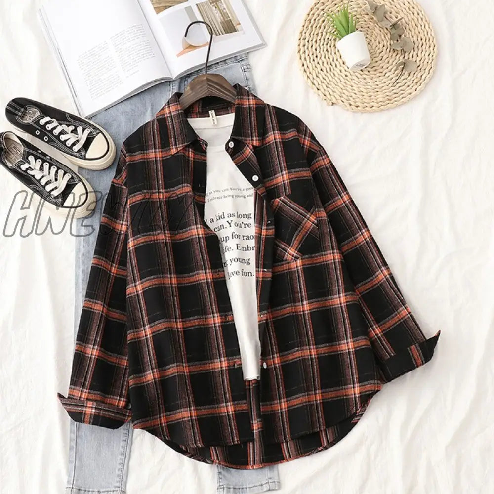 Hnewly Plaid Shirts Womens Blouses And Tops Long Sleeve Female Casual Print Loose Checked Lady