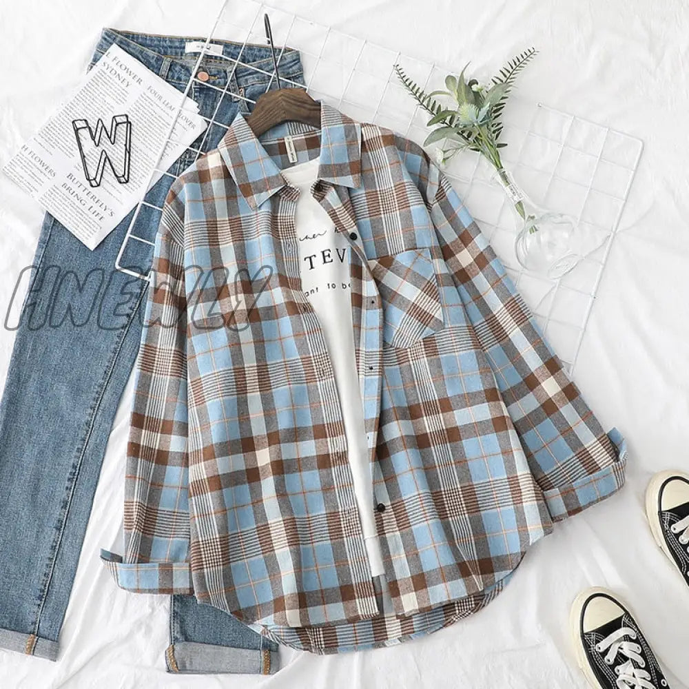 Hnewly Plaid Shirts Womens Blouses And Tops Long Sleeve Female Casual Print Loose Checked Lady