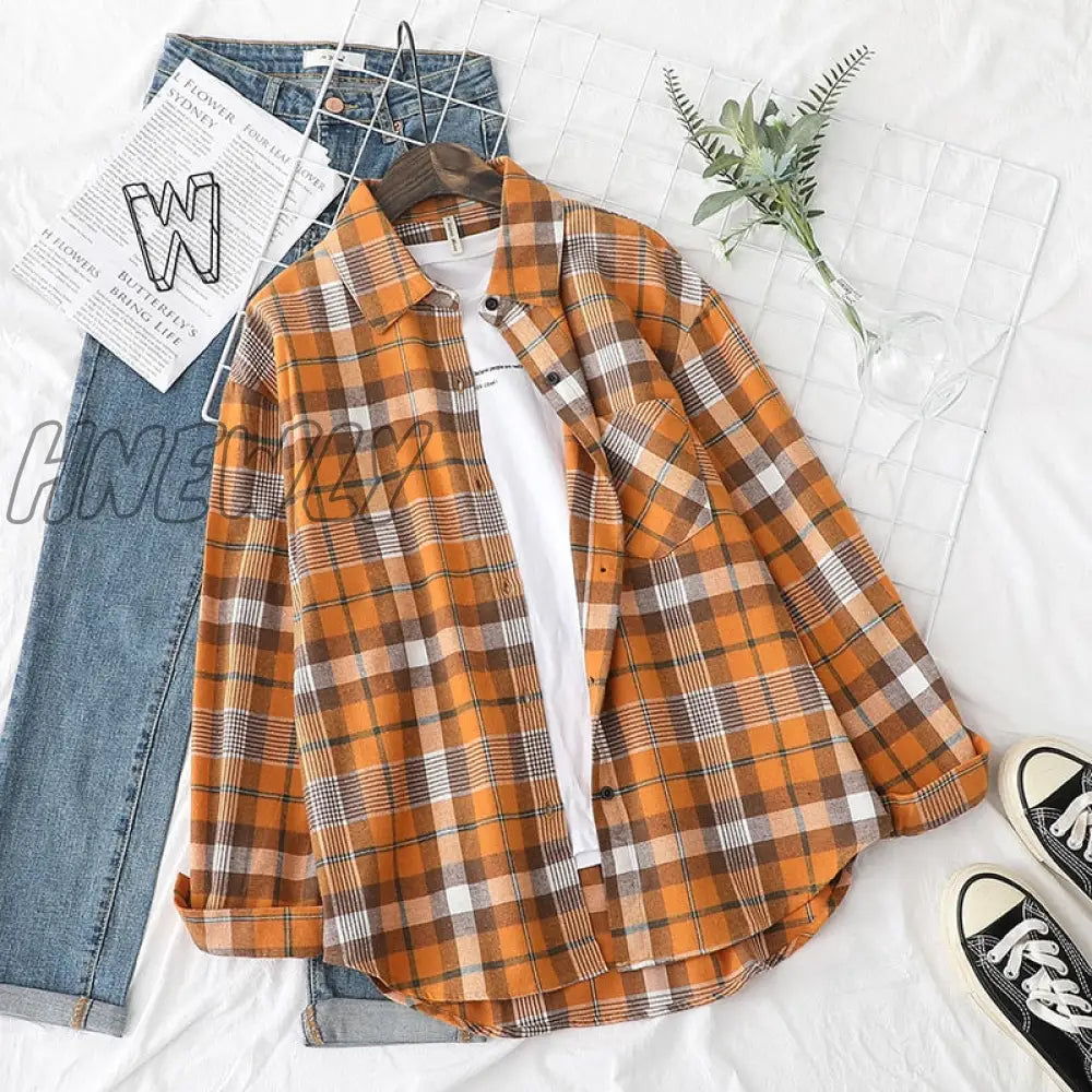 Hnewly Plaid Shirts Womens Blouses And Tops Long Sleeve Female Casual Print Loose Checked Lady