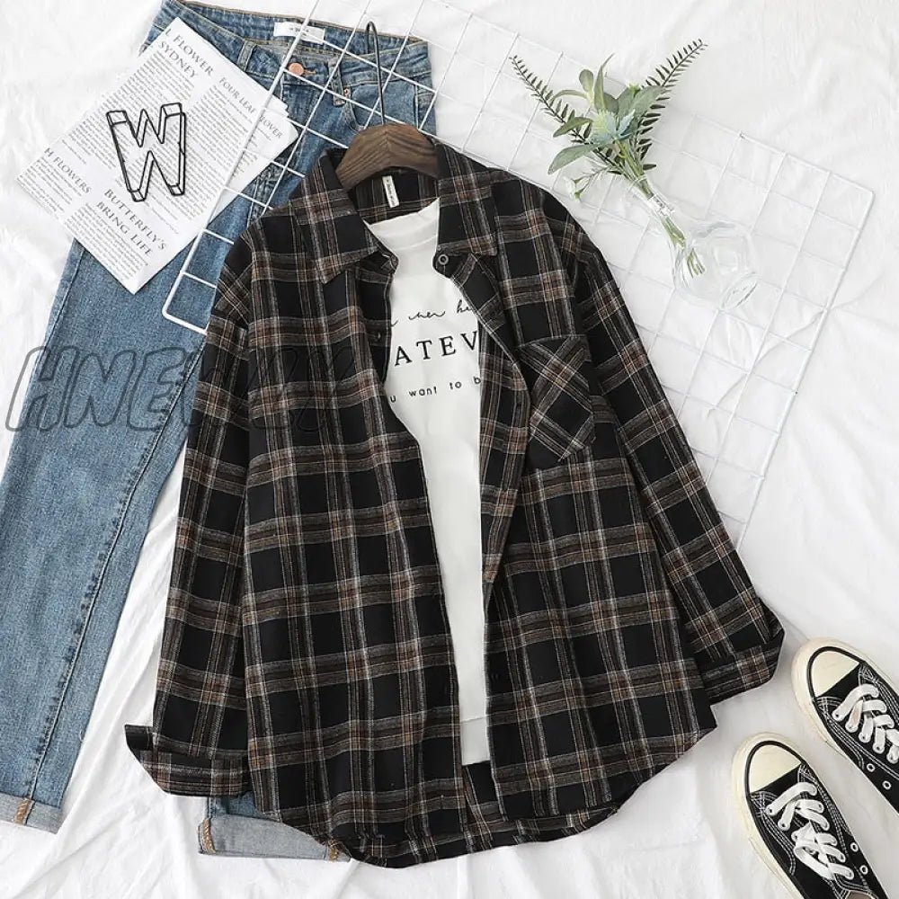 Hnewly Plaid Shirts Womens Blouses And Tops Long Sleeve Female Casual Print Loose Checked Lady