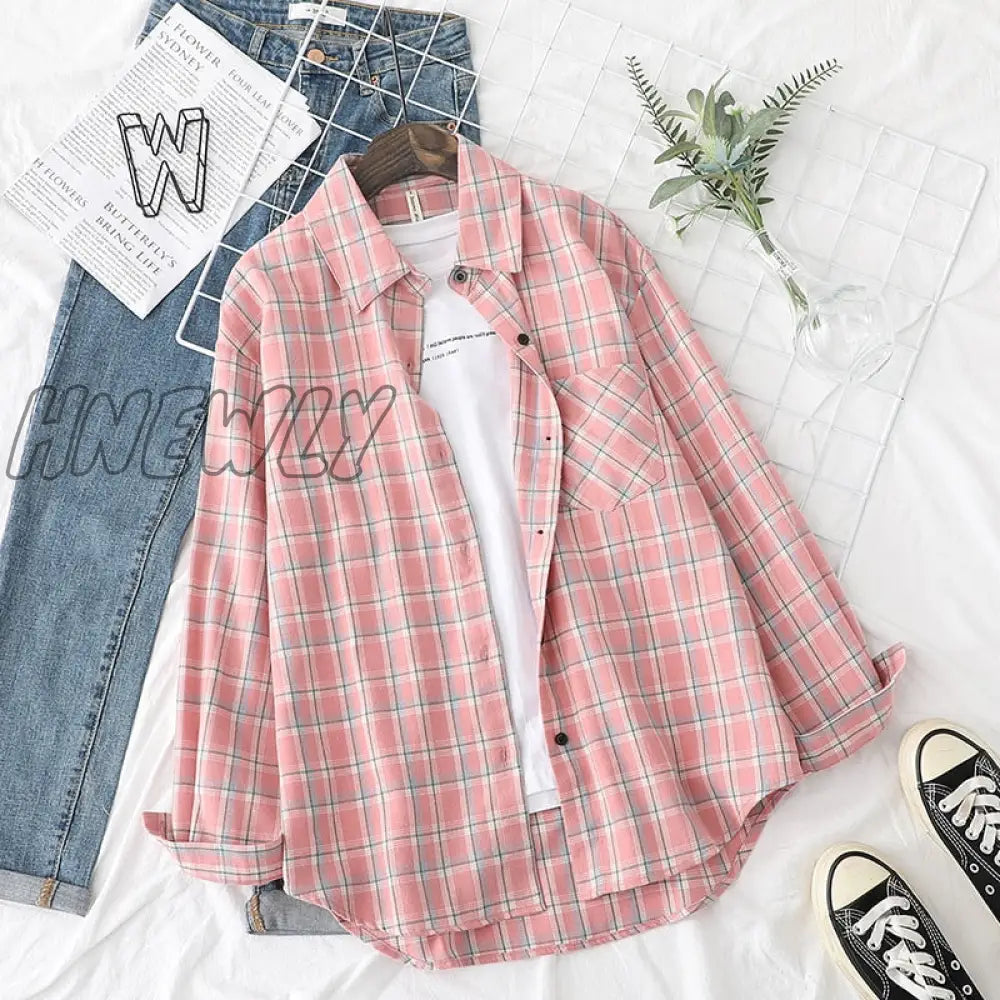 Hnewly Plaid Shirts Womens Blouses And Tops Long Sleeve Female Casual Print Loose Checked Lady