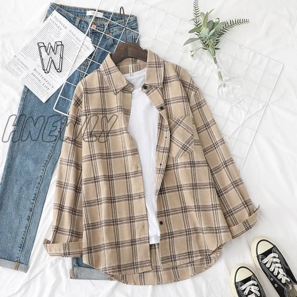 Hnewly Plaid Shirts Womens Blouses And Tops Long Sleeve Female Casual Print Loose Checked Lady
