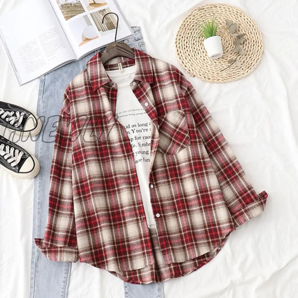 Hnewly Plaid Shirts Womens Blouses And Tops Long Sleeve Female Casual Print Loose Checked Lady