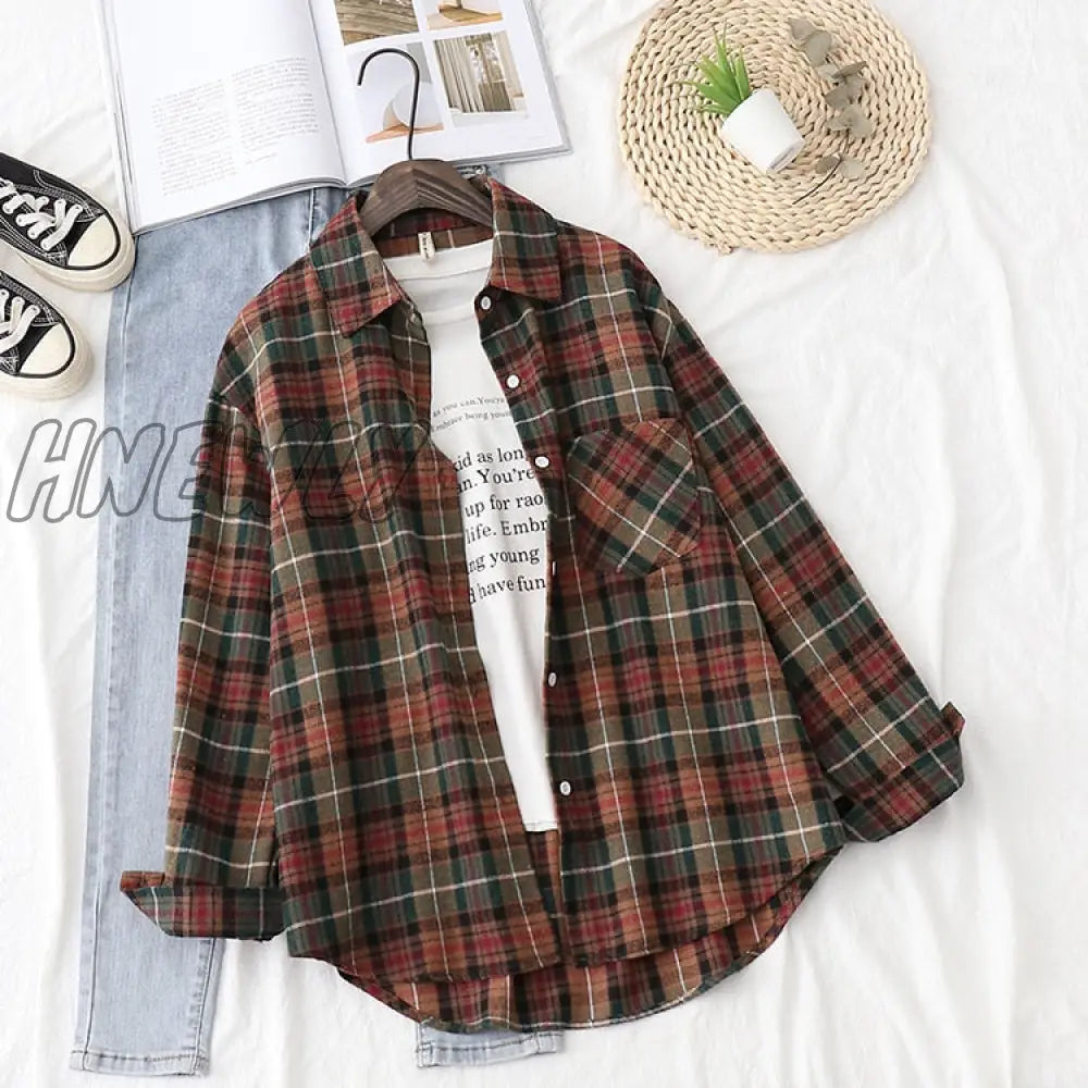 Hnewly Plaid Shirts Womens Blouses And Tops Long Sleeve Female Casual Print Loose Checked Lady