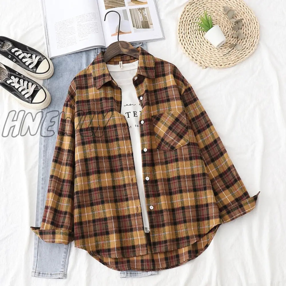 Hnewly Plaid Shirts Womens Blouses And Tops Long Sleeve Female Casual Print Loose Checked Lady