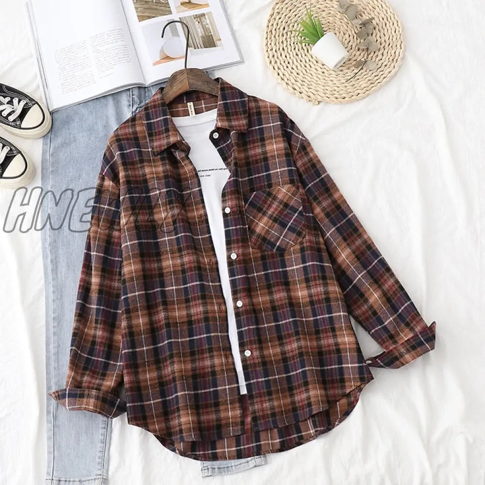Hnewly Plaid Shirts Womens Blouses And Tops Long Sleeve Female Casual Print Loose Checked Lady