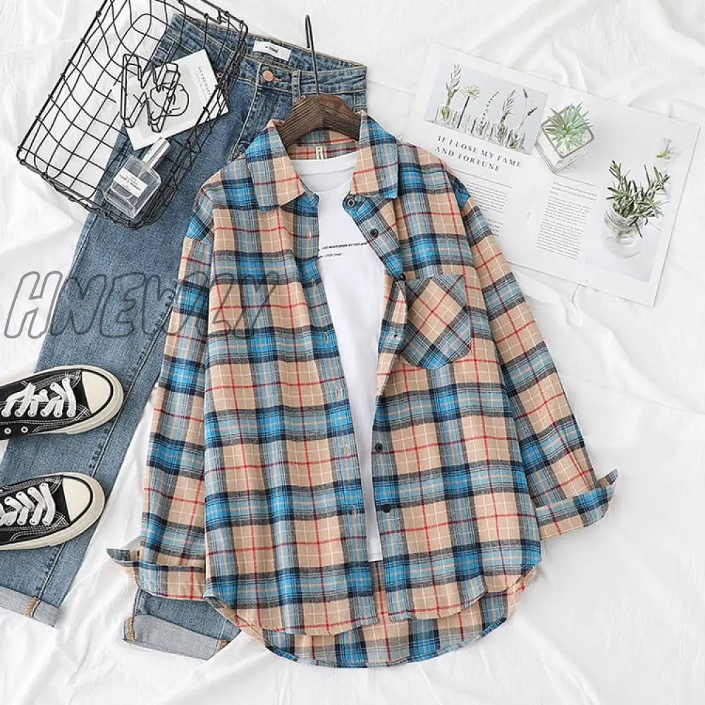Hnewly Plaid Shirts Womens Blouses And Tops Long Sleeve Female Casual Print Loose Checked Lady