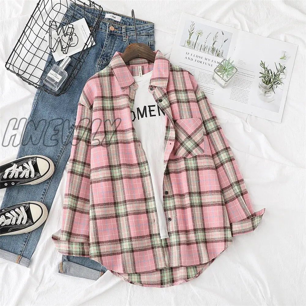 Hnewly Plaid Shirts Womens Blouses And Tops Long Sleeve Female Casual Print Loose Checked Lady