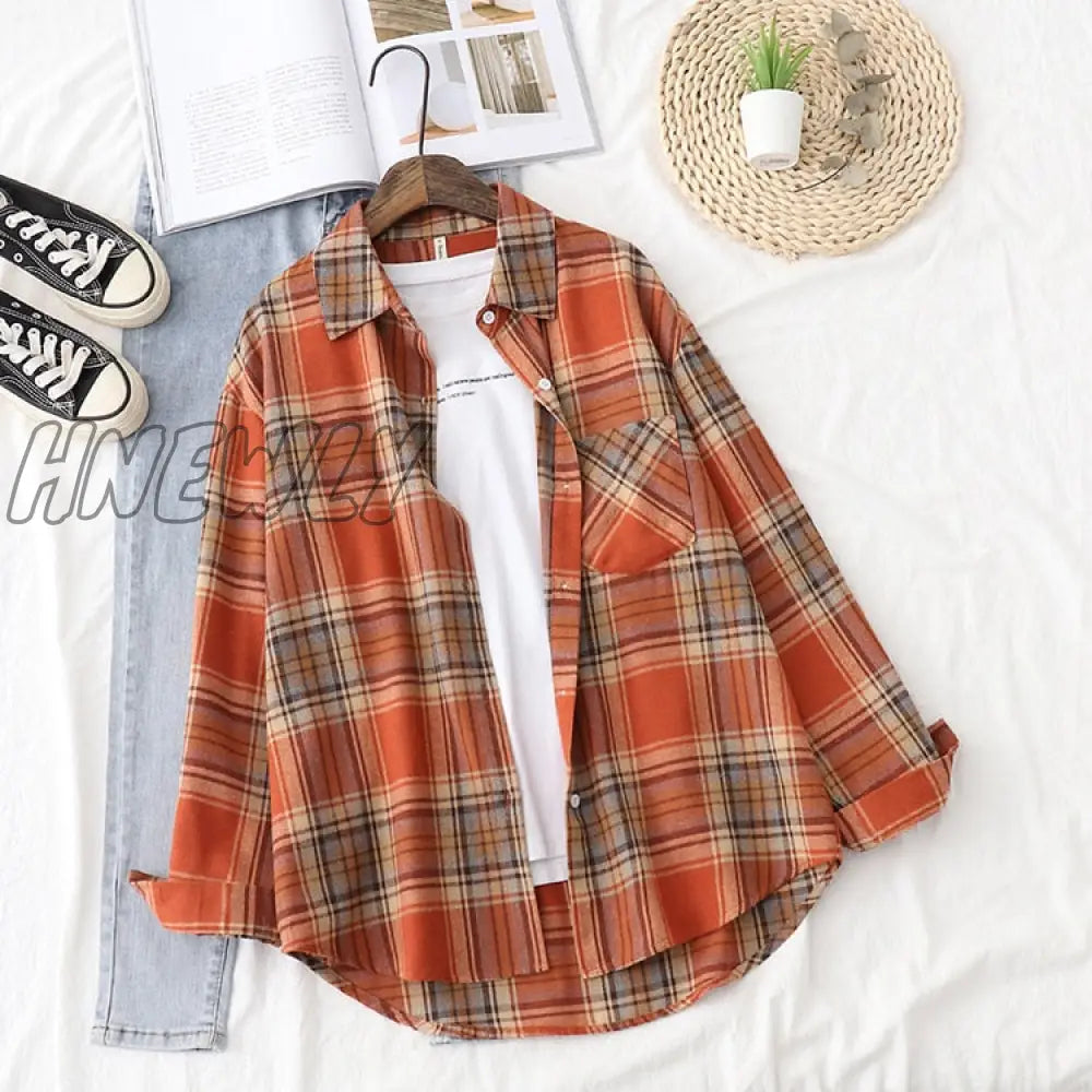 Hnewly Plaid Shirts Womens Blouses And Tops Long Sleeve Female Casual Print Loose Checked Lady