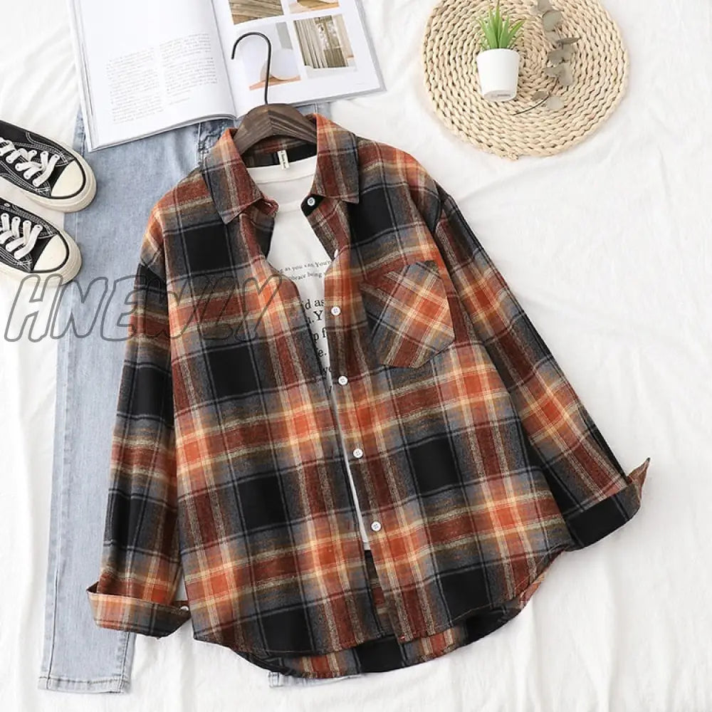 Hnewly Plaid Shirts Womens Blouses And Tops Long Sleeve Female Casual Print Loose Checked Lady